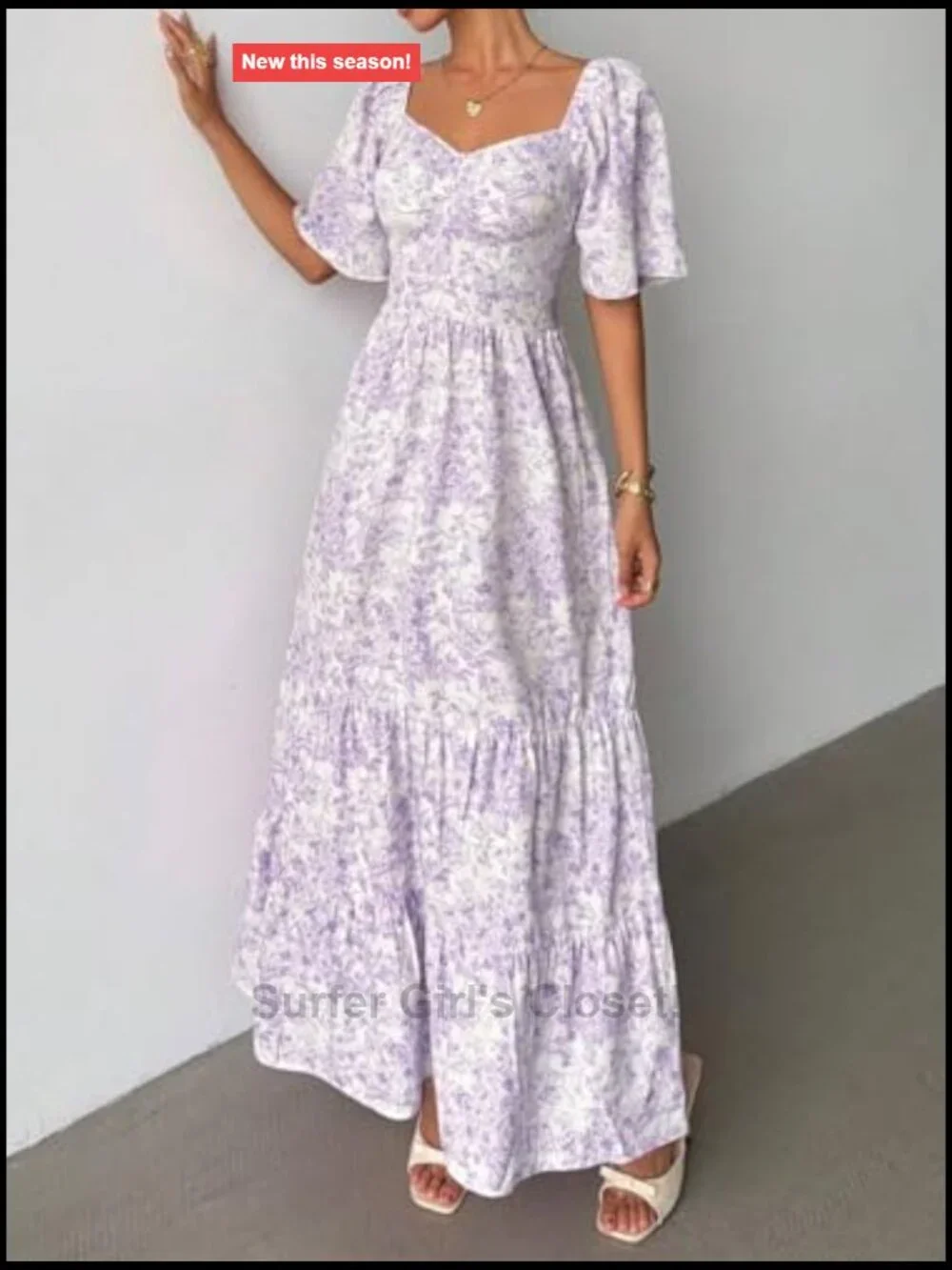 Women's Floral Maxi Dress Square Neck Puff Short Sleeve Boho Tiered High Waist